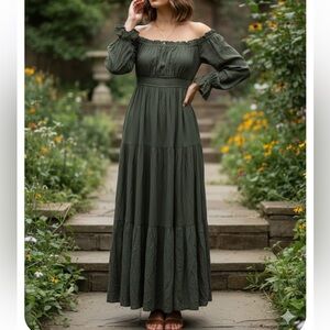 Chic Long Sleeve Forest Green Maxi Dress